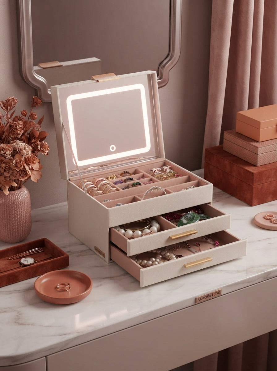 A three-layer jewelry box with an illuminated LED mirror open on a vanity, displaying organized jewelry pieces in a stylish r